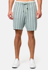 Shorts bleu clair avec des rayures noires verticales, taille élastique, fermeture à cordon et poches latérales. Portés avec des baskets blanches.