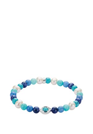 Stretch-Armband mit abwechselnd blauen, türkisfarbenen und weißen runden Perlen, das einen silbernen augenförmigen Anhänger mit einer türkisfarbenen Mittelperle zeigt.