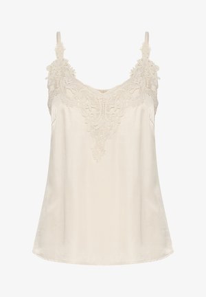 Creme camisole med blonder detaljer ved halsudskæringen og stropperne, lavet af et glat, skinnende stof med en afslappet pasform og rund kant.
