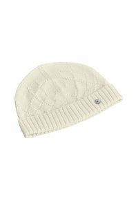 Knitted beanie in off-white, featuring a ribbed cuff and a textured diamond pattern. Includes a small logo accent on the side.