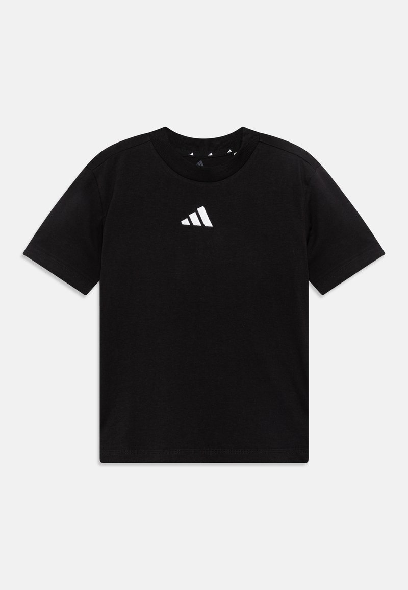 T-shirt en coton noir avec un col rond, des manches courtes et un logo triangulaire blanc sur la poitrine. Texture lisse, coupe standard.