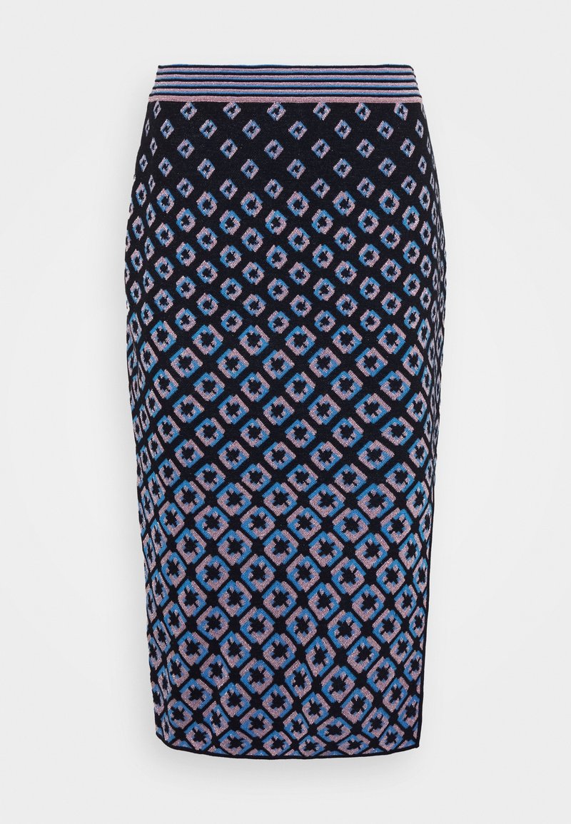 Knit pencil skirt with a navy background, featuring a geometric pattern in light blue and pink diamonds and striped waistband.