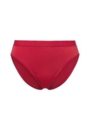 Red high-waisted brief made from smooth fabric. Features a wide elastic waistband with logo detail and a classic cut for coverage.