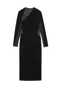 Melnas kleitas ar garām piedurknēm, kurai ir drapēta forma, caurspīdīgi acu akcenti un pieguļošs siluets. Gluda auduma ar izsmalcinātu apdari.