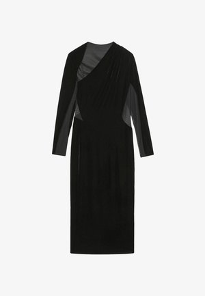 Must mustriga, pikad varrukad, drapeeritud disain, õhukesed võrkdetailid ja sobiv siluett. Sile kangas, läikiv viimistlus.