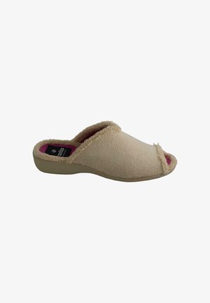 Zapatilla beige de punta abierta con parte superior de tela de rizo, plantilla acolchada y diseño sin cordones para mayor comodidad en interiores.