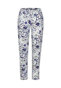 Floral print pants with a white background featuring purple and blue flowers, an elastic waistband, and a relaxed fit.