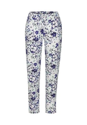 Floral print pants with a white background featuring purple and blue flowers, an elastic waistband, and a relaxed fit.