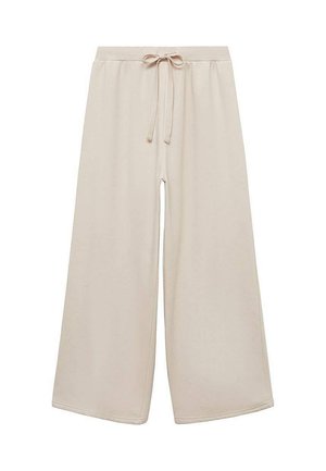 Pantaloni beige a gamba larga realizzati in un tessuto morbido, con vita regolabile tramite cordoncino e superficie liscia, senza decorazioni.