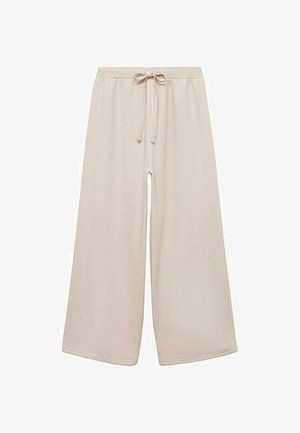 Pantaloni evazați bej, dintr-un material moale, cu talie elastică și textură netedă, fără ornamentații.