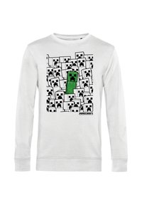 Felpa bianca a maniche lunghe con una stampa di un Creeper di Minecraft verde circondato da volti di blocchi bianchi pixelati con accenti neri.
