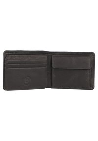 Cartera de cuero negro abierta, con múltiples ranuras para tarjetas, un bolsillo con cierre de broche y un acabado texturizado con un logo sutil.