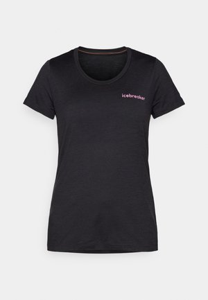 T-shirt nera a maniche corte, con scollatura rotonda e una texture liscia. Presenta un piccolo logo 'icebreaker' rosa sul davanti.