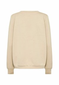 Beige Sweatshirt mit rundem Halsausschnitt, langen Ärmeln und elastischen Bündchen; weiche Textur; schlichtes Design ohne Muster oder Verzierungen.