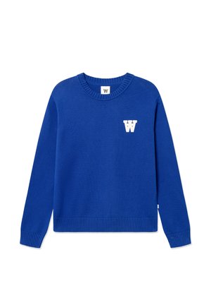 Sinine kudumiga kampsun ümmarguse kaelusega, soonikkoes ääred allääres ja varrukaotstes, rinnal valge "W" logoga. Sile tekstuur, klassikaline lõige.