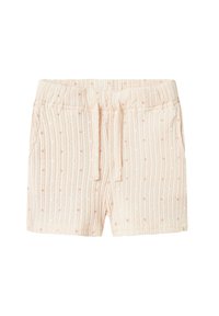 Pantalones cortos de color rosa claro, hechos de una tela texturada con rayas verticales y pequeños puntos blancos. Presentan una cintura elástica y un cordón de ajuste.