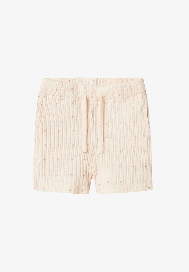 Pantaloni corti rosa chiaro realizzati in tessuto strutturato con strisce verticali e piccoli punti bianchi. Presentano una vita elastica e un laccetto regolabile.