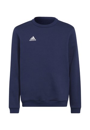 Sweat-shirt bleu marine en tissu doux, avec un col rond côtelé, des manches longues et un petit logo adidas blanc sur la poitrine.