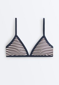 Haut de bikini triangle avec fines bretelles bleu marine et rayures horizontales bleu marine, blanches et bordeaux, sur fond blanc.