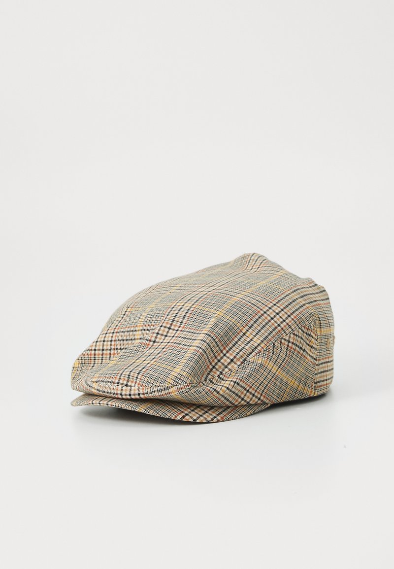 Flat cap in multi-colored plaid pattern, featuring beige, brown, and yellow tones, crafted from woven fabric with a smooth texture.