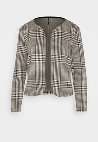 Veste à motif pied-de-poule en noir et blanc, dotée d'un col rond, de manches longues et d'un design à ouverture frontale avec une texture lisse.