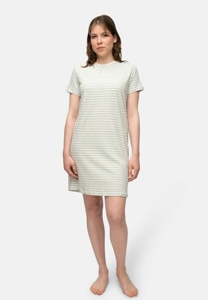 Gestreifter, kurzärmeliger Kleid in Hellgrün und Weiß. Weiches Baumwollmaterial, knielang, mit bequemer Passform und leicht runder Ausschnitt.