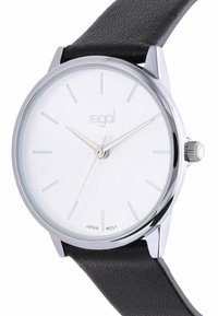 Silberne Uhr mit weißem Zifferblatt, minimalistischen Stundenmarkierungen und schwarzem Lederarmband. Verfügt über ein glattes Metallfinish und eine einfache Krone.