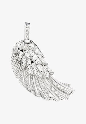 Silver wing pendant featuring leaf-like details, adorned with small clear crystals on one side, textured surface, and a loop for attachment.