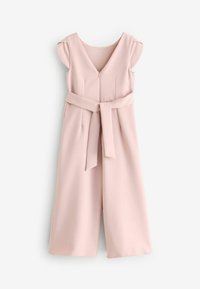 Combinaison sans manches rose blush avec col en V, jambes larges, fermeture éclair à l'avant et ceinture assortie nouée à la taille.