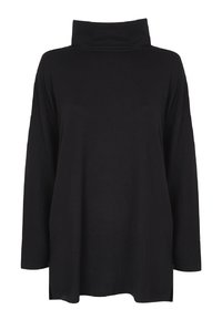 Black long-sleeve top featuring a high neck, relaxed fit, side slits, and smooth texture. Fabric appears soft and lightweight.