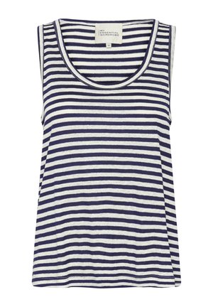 Navy og hvide stribede tanktop lavet af blødt stof. Har rund halsudskæring og uden ærmer, med en afslappet pasform.
