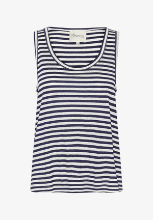 Top de mărime medie în dungi alb-negru, fabricat dintr-un material moale. Are un guler rotund și un design fără mâneci, cu o croială lejeră.