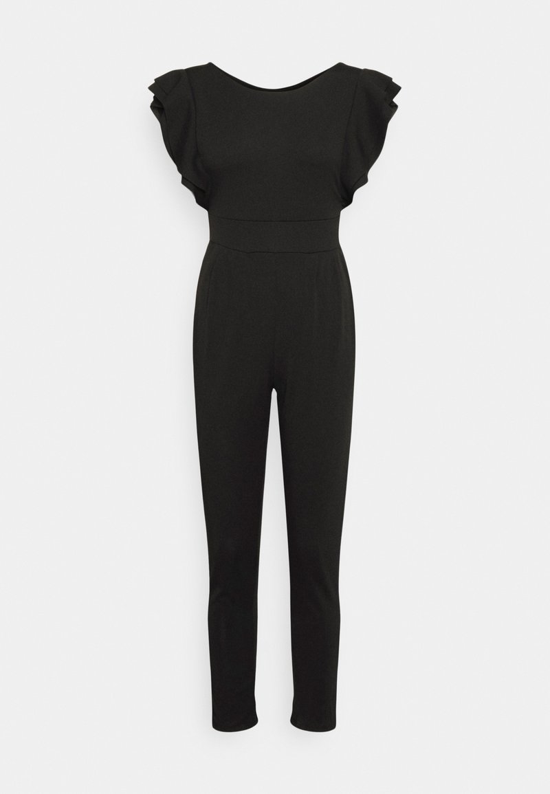Combinaison noire moulante avec manches évasées, couture taille haute et jambes fuselées longueur cheville sur fond blanc uni.