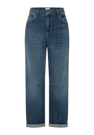 Hoch taillierte, gerade geschnittene blaue Denim-Jeans mit Vordertaschen, Knopf- und Reißverschluss sowie aufgerollten Säumen am Saum.