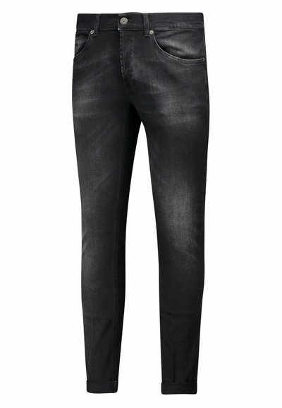 Jeans in denim nero con una forma aderente, caratterizzati da leggere sfumature e una trama liscia. Design classico a cinque tasche e chiusura con bottone metallico.