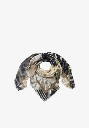 Quadratisches Tuch mit abstrakten Mustern aus Blättern und Streifen in Beige, Schwarz und Weiß, locker gefaltet und mit Fransen am Rand präsentiert.