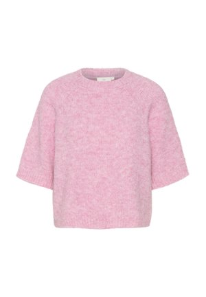 Maglione rosa lavorato a maglia con maniche corte, scollo rotondo e una consistenza morbida e pelosa. Presenta una vestibilità rilassata e squadrata e una costruzione senza cuciture.