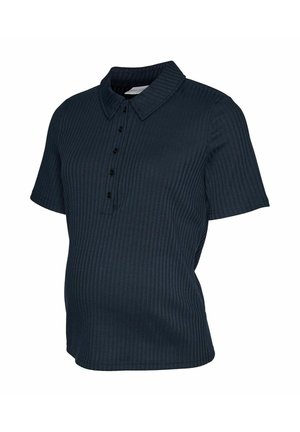 Donkerblauw geribd poloshirt met een kraag, korte mouwen, een knopenlijst en een gestructureerde stof.