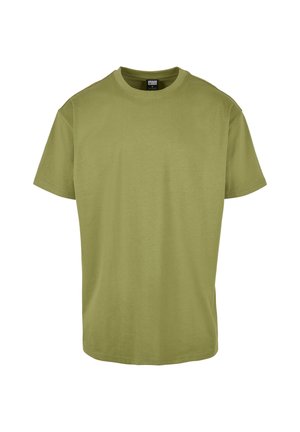 Olivinės spalvos trumpomis rankovėmis marškinėliai, pagaminti iš minkštos medvilnės, su apvaliu kaklu ir tiesiu kraštu, turinčiu lygią tekstūrą. Minimalistinis dizainas.