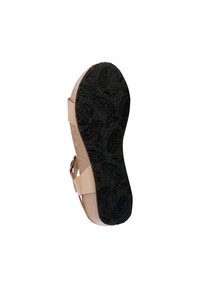 Sandalo in sughero con suola in gomma nera testurizzata, fasce superiori di un beige chiaro e chiusura con fibbia laterale per una calzata regolabile.