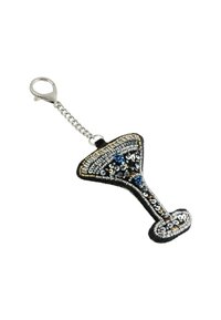 Keychain shaped like a martini glass, featuring black fabric, silver and blue sequins, and a metal clip with a chain attachment.
