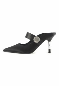 Black synthetic heeled mules with pointed toe, wide strap, and crystal-accented circular hardware. Features a metallic, transparent heel.
