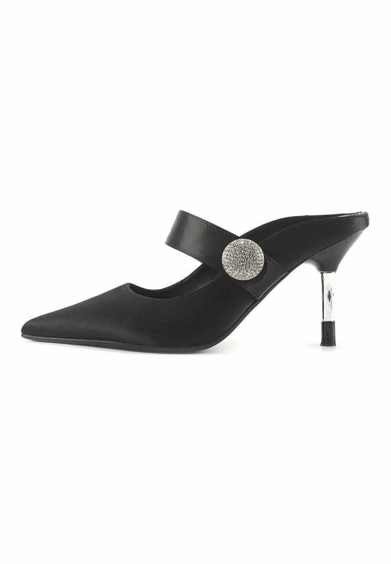 Black synthetic heeled mules with pointed toe, wide strap, and crystal-accented circular hardware. Features a metallic, transparent heel.