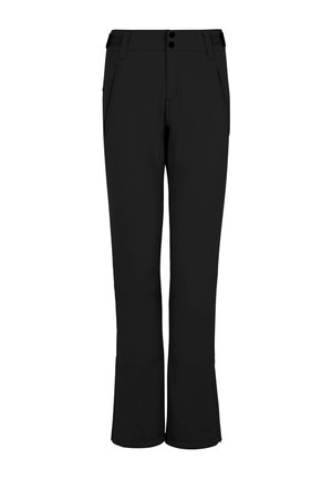 Black outdoor pants with a slim fit, made of a durable fabric. Features two front pockets and button closures at the waist.