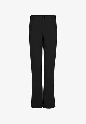 Schwarze Outdoor-Hosen mit schlanker Passform, aus einem strapazierfähigen Material gefertigt. Verfügt über zwei Fronttaschen und Knopfverschlüsse an der Taille.