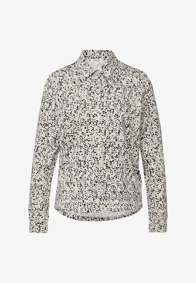 Srajca na gumbe s svetlo kremno osnovo in razpršenim vzorcem črnih in temno modrih pik. Ima klasičen ovratnik in dolge rokave.