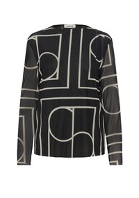 Mustat pitkät hihat blouse läpinäkyvällä kankaalla, jossa on geometrinen kuvio vaaleassa kermassa. Pyöreä kaula-aukko ja suora leikkaus.