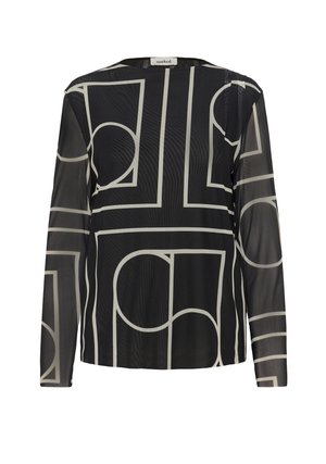Juoda ilgomis rankovėmis bluzonė su permatomu audiniu, papuošta kremiško tono geometriniu raštu. Apvalus iškirpimas ir tiesus kirpimas.