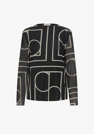 Czarna bluzka z długim rękawem, wykonana z przezroczystego materiału, z geometrycznym wzorem w kolorze kremowym. Okrągły dekolt i prosty krój.