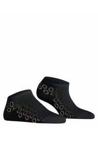 Zwarte enkelsokken met een textuurpatroon van ronde uitsparingen, versterkte teen en hak, gemaakt van zacht, rekbaar materiaal voor comfort.